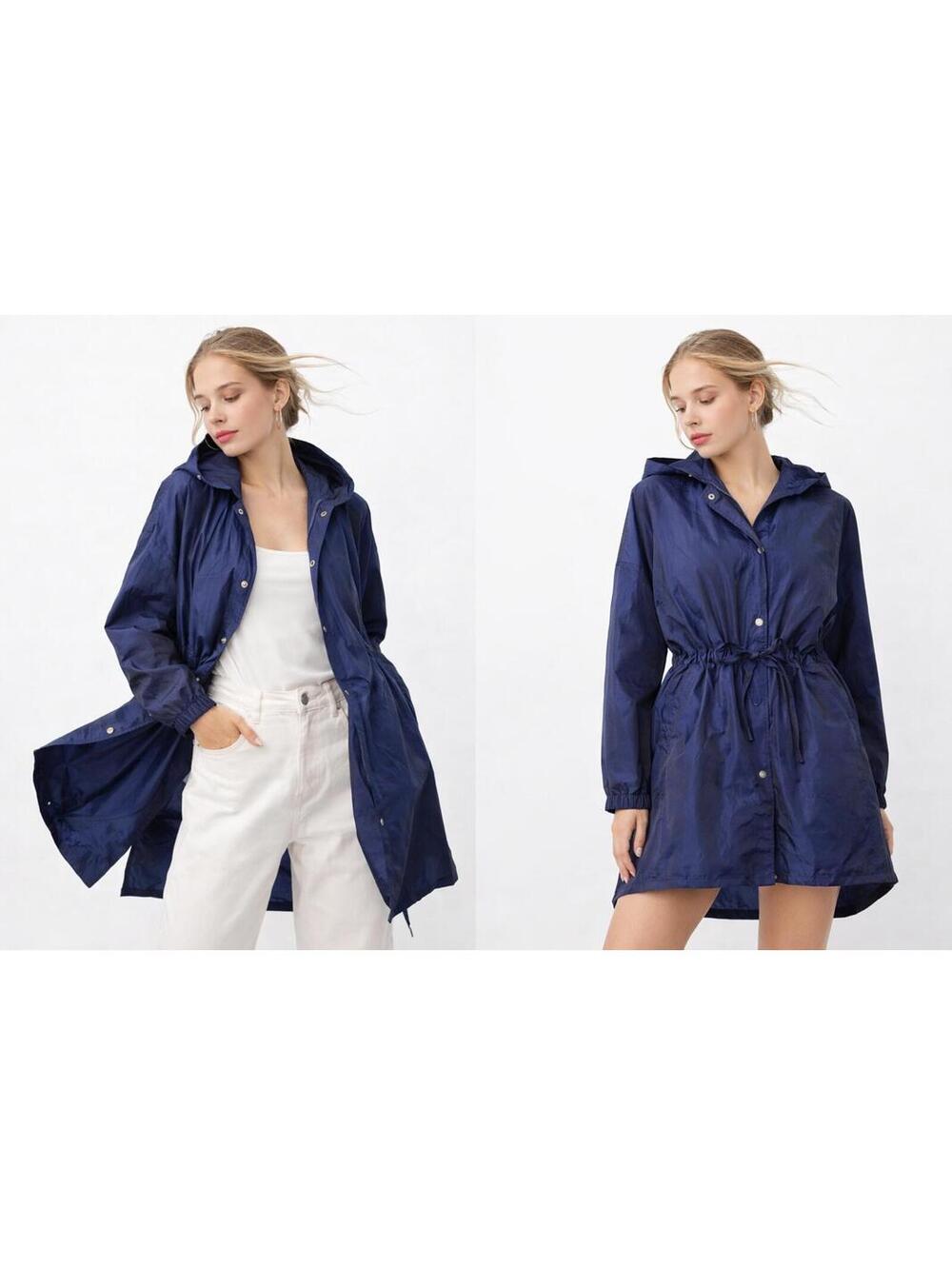 Vintage 90s Totes Iridescent Navy Hooded Rain Jacket Cinch Waist Windbreaker